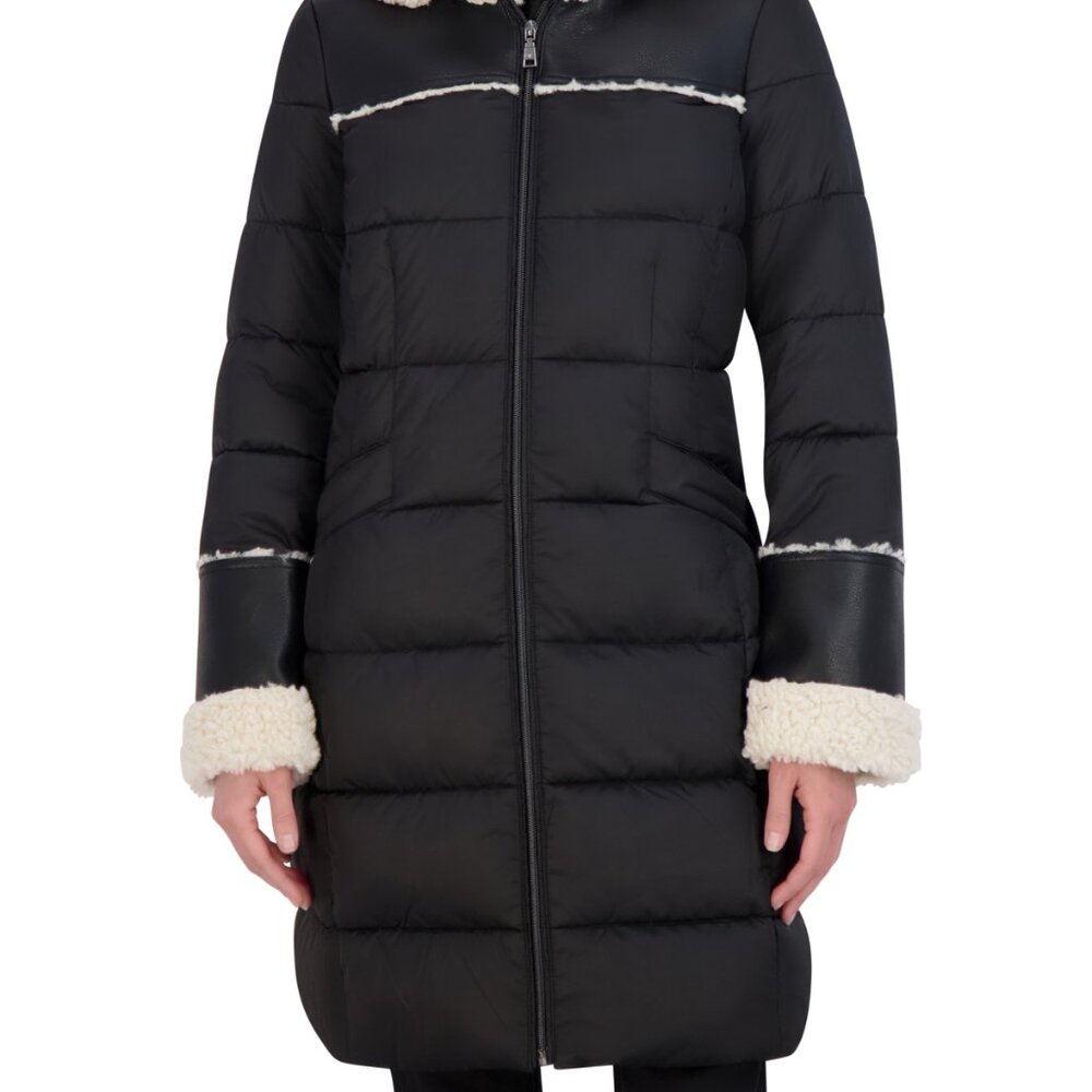 ⭐️ Tahari Women’s Faux-Shearling-Trim Hooded Puffer Coat Black/Cream Size L NWT - Picture 3 of 5